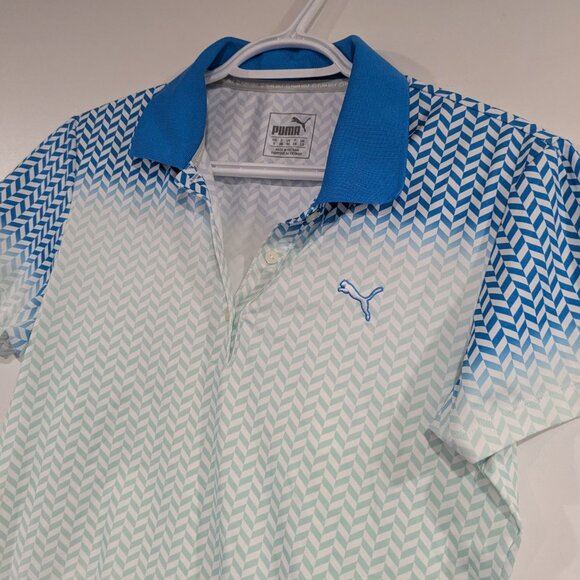 Puma Golf Chevron Print Lightweight Polo Tee Blue White Size Small - Picture 2 of 6